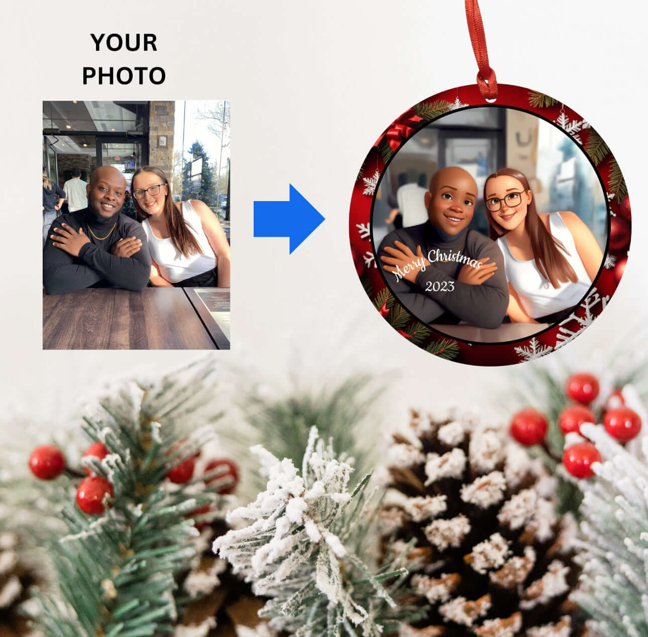 Custom Personalized Christmas Ornament - Transform Your Photo into Cartoon Art