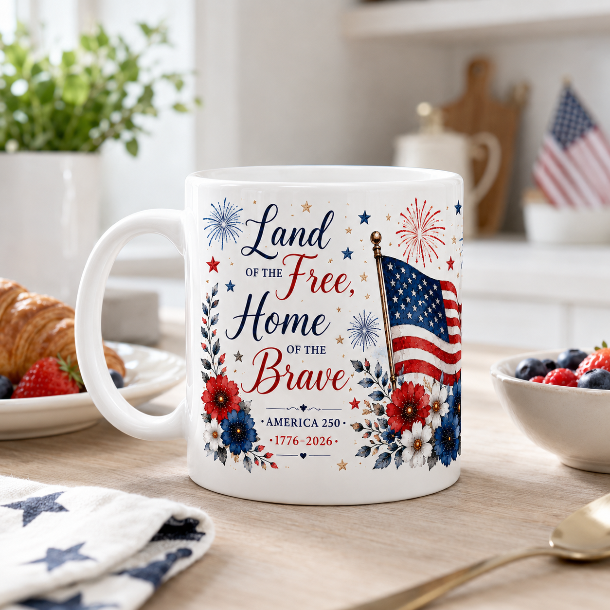 America 250 Patriotic Mug – Land of the Free Home of the Brave 4th of July Coffee Mug