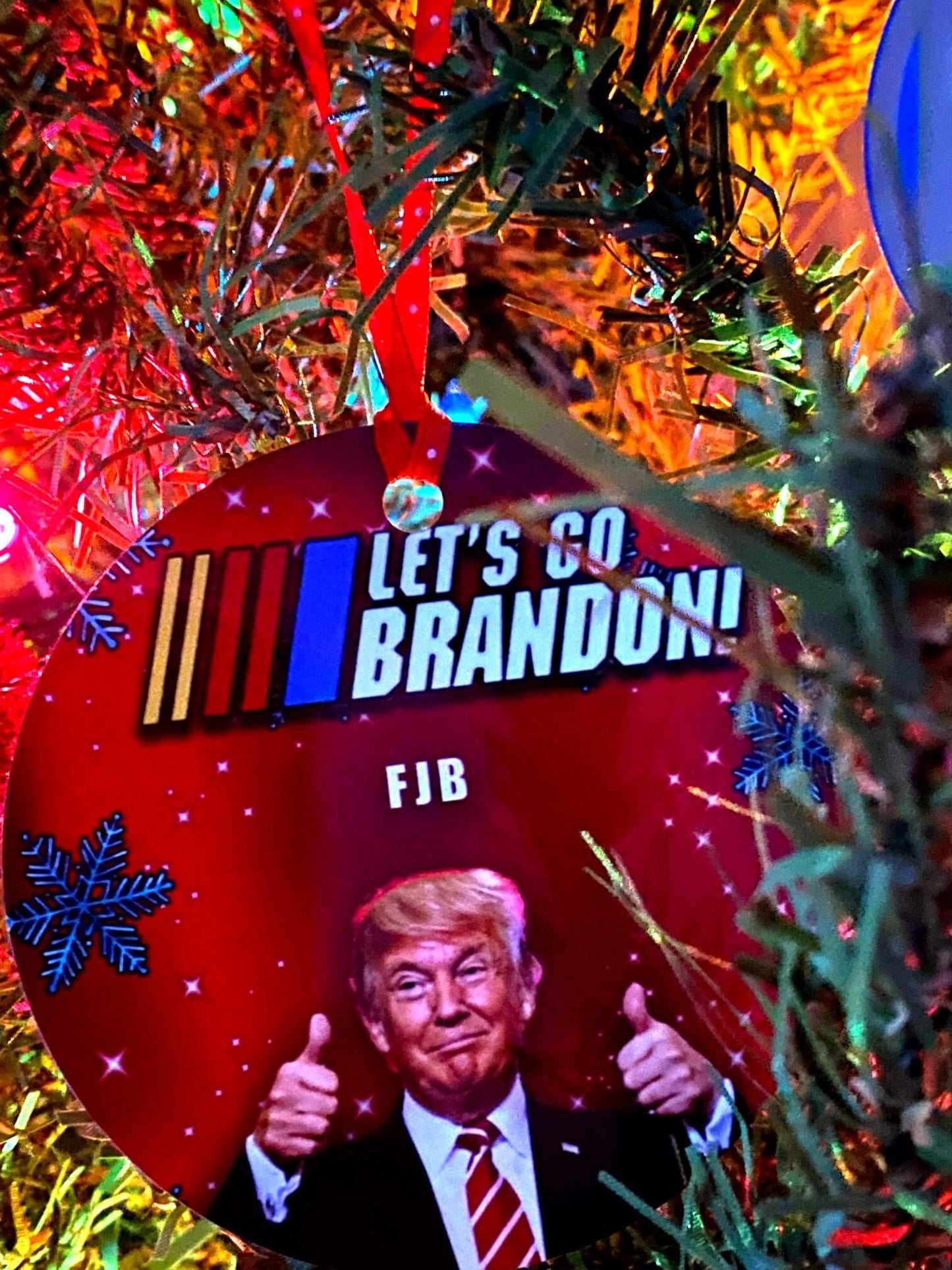 Close Up Of Trump Lets Go Brandon Christmas Ornament