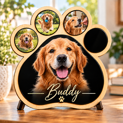 Custom Pet Photo Paw Plaque, Personalized Dog or Cat Portrait, Pet Memorial Gift, Wood & Acrylic Paw Print Sign