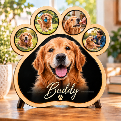 Custom Pet Photo Paw Plaque, Personalized Dog or Cat Portrait, Pet Memorial Gift, Wood & Acrylic Paw Print Sign