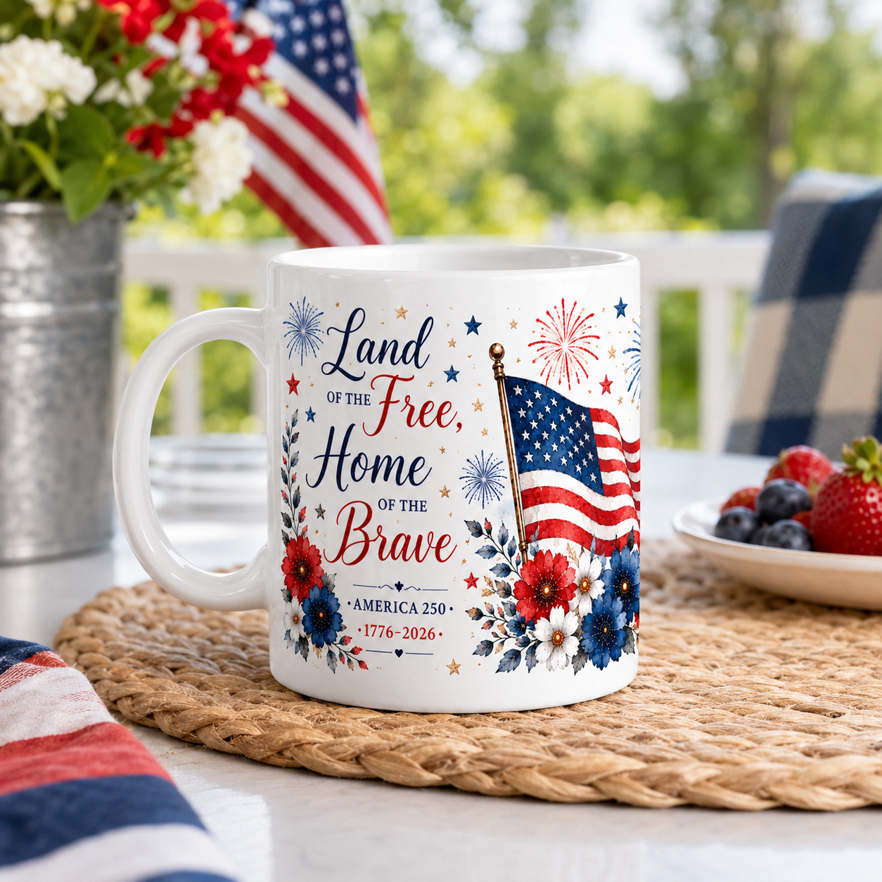 America 250 Patriotic Mug – Land of the Free Home of the Brave 4th of July Coffee Mug