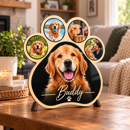 Custom Pet Photo Paw Plaque, Personalized Dog or Cat Portrait, Pet Memorial Gift, Wood & Acrylic Paw Print Sign