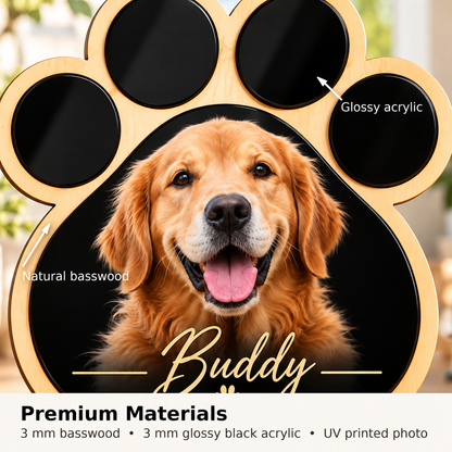 Custom Pet Photo Paw Plaque, Personalized Dog or Cat Portrait, Pet Memorial Gift, Wood & Acrylic Paw Print Sign