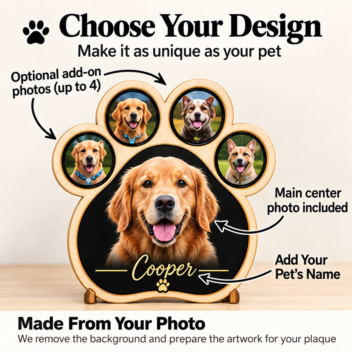 Custom Pet Photo Paw Plaque, Personalized Dog or Cat Portrait, Pet Memorial Gift, Wood & Acrylic Paw Print Sign