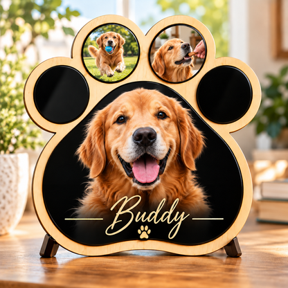 Custom Pet Photo Paw Plaque, Personalized Dog or Cat Portrait, Pet Memorial Gift, Wood & Acrylic Paw Print Sign