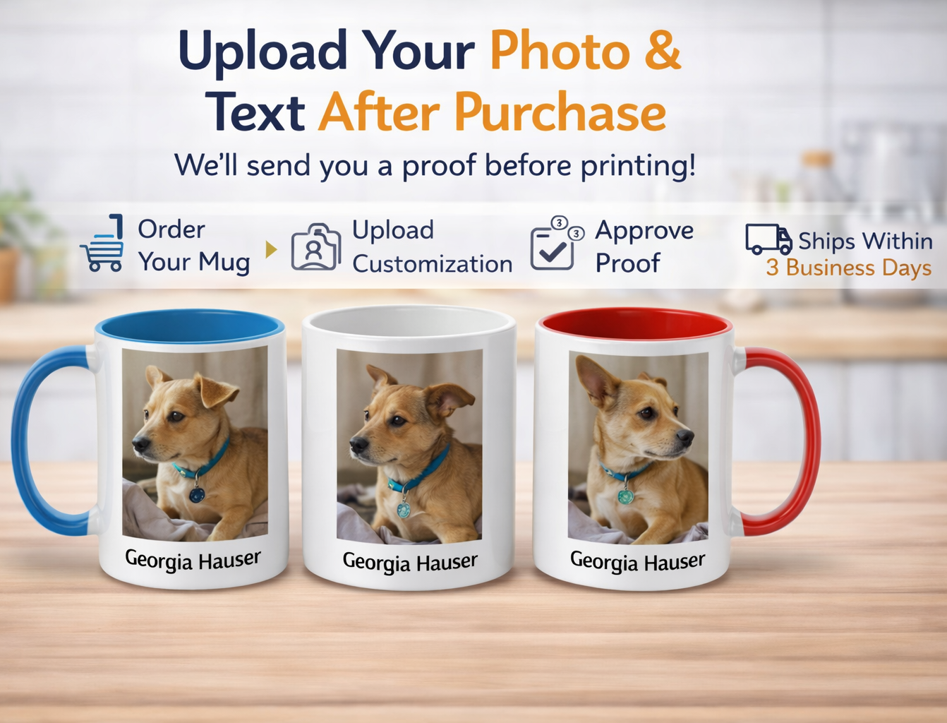 Three mugs with a dog photo on a wooden surface, with text about photo and text customization.