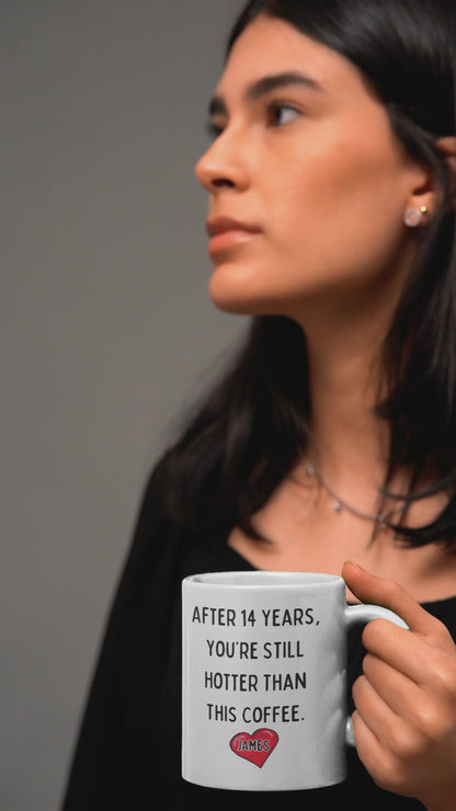 Personalized Funny Coffee Mug | Still Hotter Than Coffee | Custom Anniversary Gift | Heart Emoji | Unique Ceramic Cup with Name | Drinkware